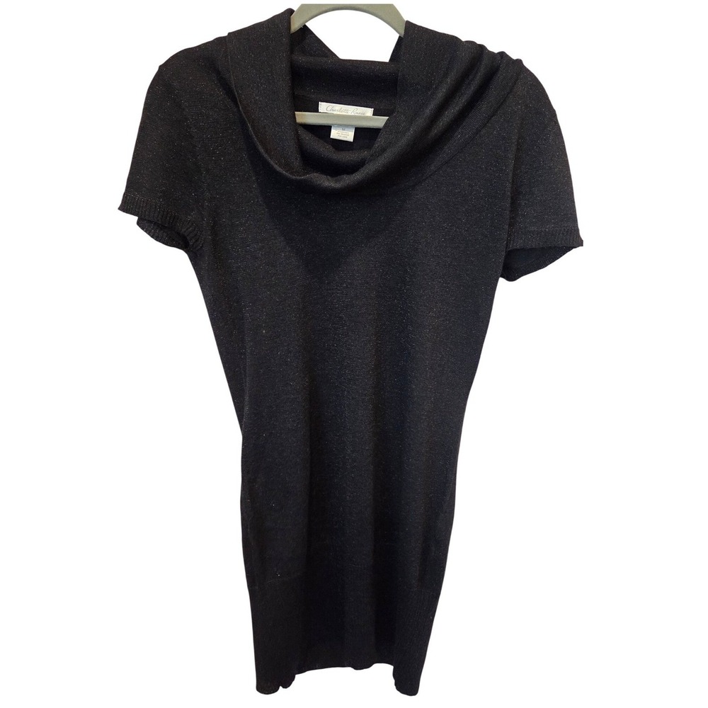 Charlotte Russe Black Metallic Cowl Neck Short Sleeve Sweater Dress M‎